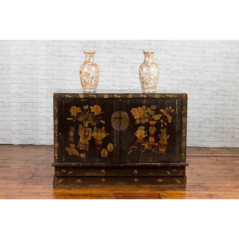 Chinese 19th Century Dark Brown Lacquered Sideboard with Hand Painted Motifs-YN3268-3. Asian & Chinese Furniture, Art, Antiques, Vintage Home Décor for sale at FEA Home