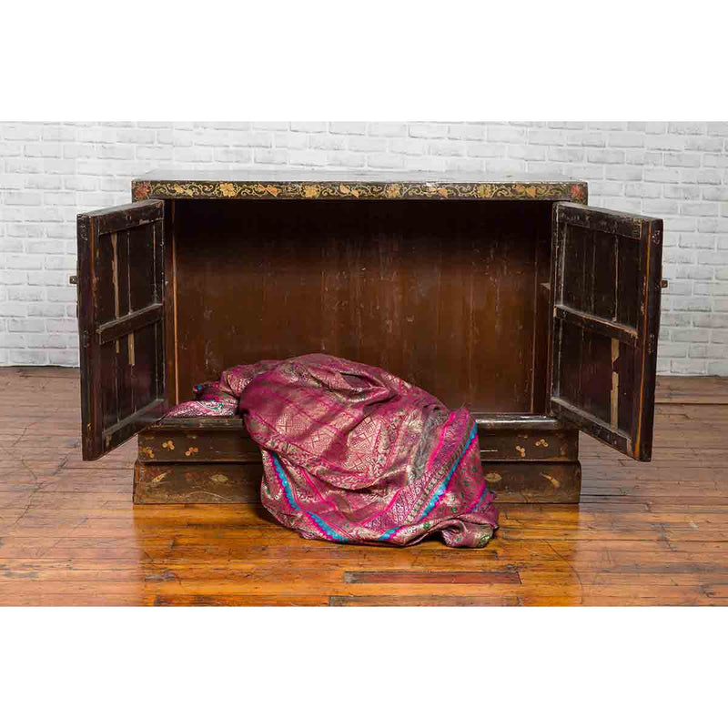 Chinese 19th Century Dark Brown Lacquered Sideboard with Hand Painted Motifs-YN3268-4. Asian & Chinese Furniture, Art, Antiques, Vintage Home Décor for sale at FEA Home