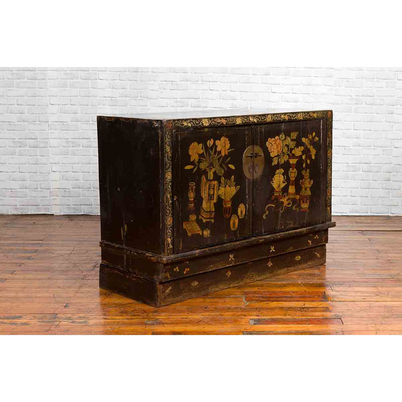 Chinese 19th Century Dark Brown Lacquered Sideboard with Hand Painted Motifs-YN3268-13. Asian & Chinese Furniture, Art, Antiques, Vintage Home Décor for sale at FEA Home