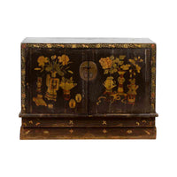 Chinese 19th Century Dark Brown Lacquered Sideboard with Hand Painted Motifs