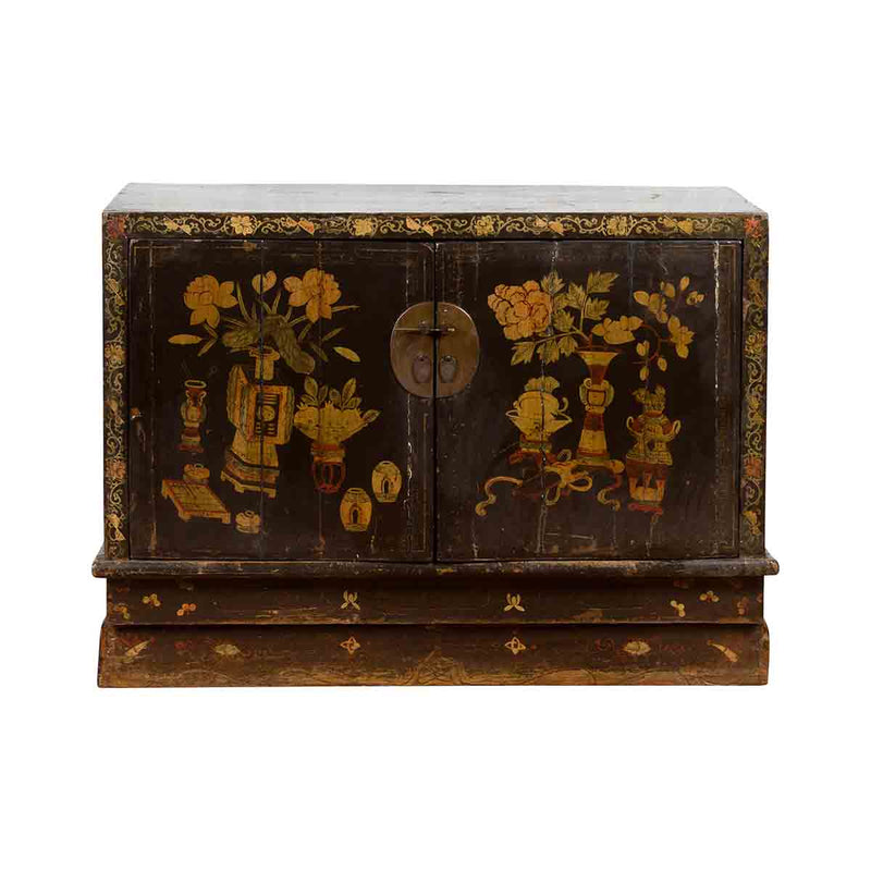 Chinese 19th Century Dark Brown Lacquered Sideboard with Hand Painted Motifs-YN3268-1. Asian & Chinese Furniture, Art, Antiques, Vintage Home Décor for sale at FEA Home