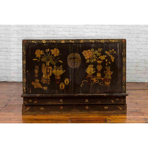 Chinese 19th Century Dark Brown Lacquered Sideboard with Hand Painted Motifs-YN3268-2. Asian & Chinese Furniture, Art, Antiques, Vintage Home Décor for sale at FEA Home