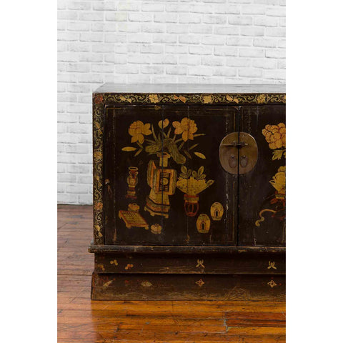 Chinese 19th Century Dark Brown Lacquered Sideboard with Hand Painted Motifs-YN3268-5. Asian & Chinese Furniture, Art, Antiques, Vintage Home Décor for sale at FEA Home