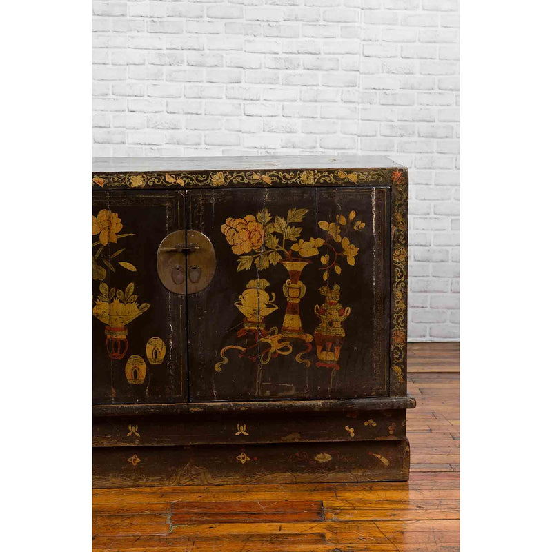 Chinese 19th Century Dark Brown Lacquered Sideboard with Hand Painted Motifs-YN3268-6. Asian & Chinese Furniture, Art, Antiques, Vintage Home Décor for sale at FEA Home