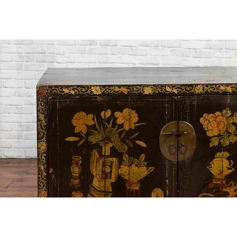Chinese 19th Century Dark Brown Lacquered Sideboard with Hand Painted Motifs-YN3268-7. Asian & Chinese Furniture, Art, Antiques, Vintage Home Décor for sale at FEA Home