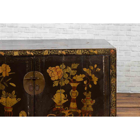 Chinese 19th Century Dark Brown Lacquered Sideboard with Hand Painted Motifs-YN3268-8. Asian & Chinese Furniture, Art, Antiques, Vintage Home Décor for sale at FEA Home