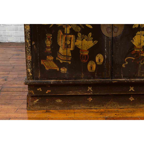 Chinese 19th Century Dark Brown Lacquered Sideboard with Hand Painted Motifs-YN3268-9. Asian & Chinese Furniture, Art, Antiques, Vintage Home Décor for sale at FEA Home