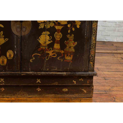Chinese 19th Century Dark Brown Lacquered Sideboard with Hand Painted Motifs-YN3268-10. Asian & Chinese Furniture, Art, Antiques, Vintage Home Décor for sale at FEA Home