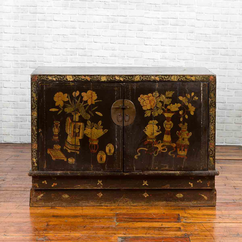 Chinese 19th Century Dark Brown Lacquered Sideboard with Hand Painted Motifs-YN3268-11. Asian & Chinese Furniture, Art, Antiques, Vintage Home Décor for sale at FEA Home