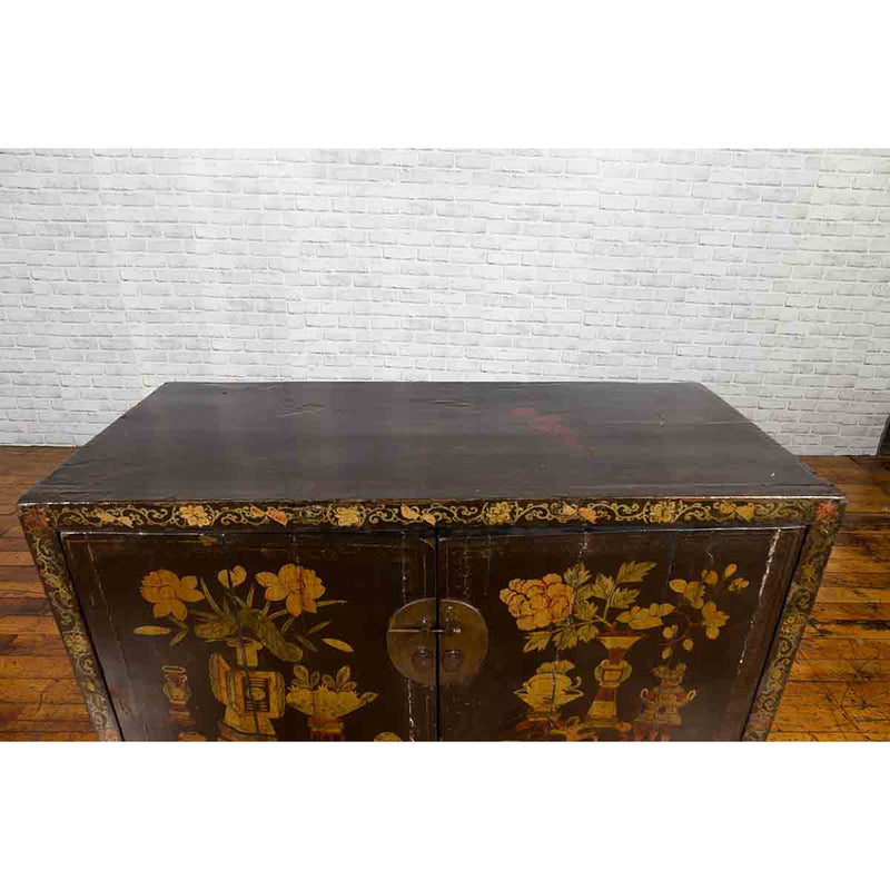 Chinese 19th Century Dark Brown Lacquered Sideboard with Hand Painted Motifs-YN3268-12. Asian & Chinese Furniture, Art, Antiques, Vintage Home Décor for sale at FEA Home