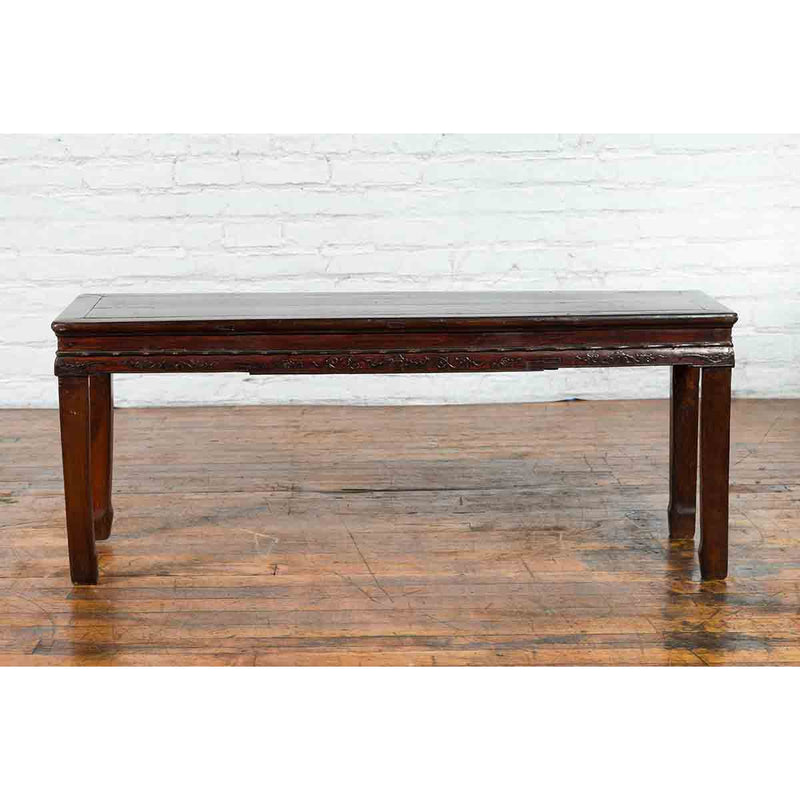 Chinese Brown Side Table from the Qing Dynasty with Foliage-Carved Motifs