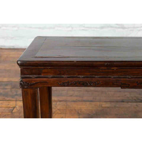 Chinese Brown Side Table from the Qing Dynasty with Foliage-Carved Motifs