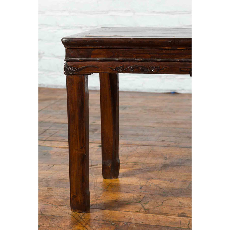 Chinese Brown Side Table from the Qing Dynasty with Foliage-Carved Motifs
