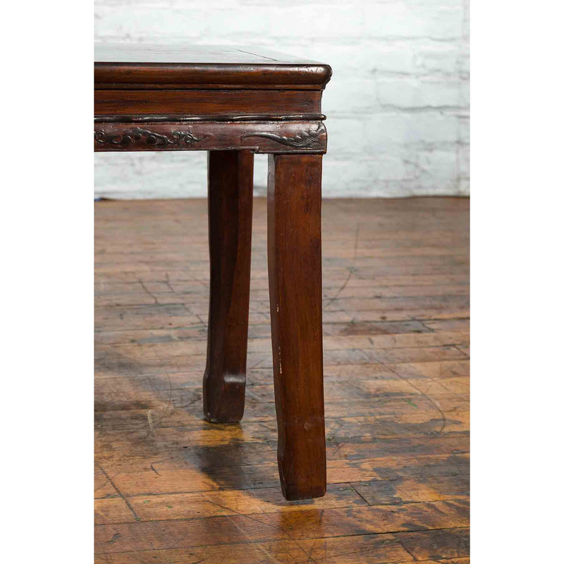 Chinese Brown Side Table from the Qing Dynasty with Foliage-Carved Motifs