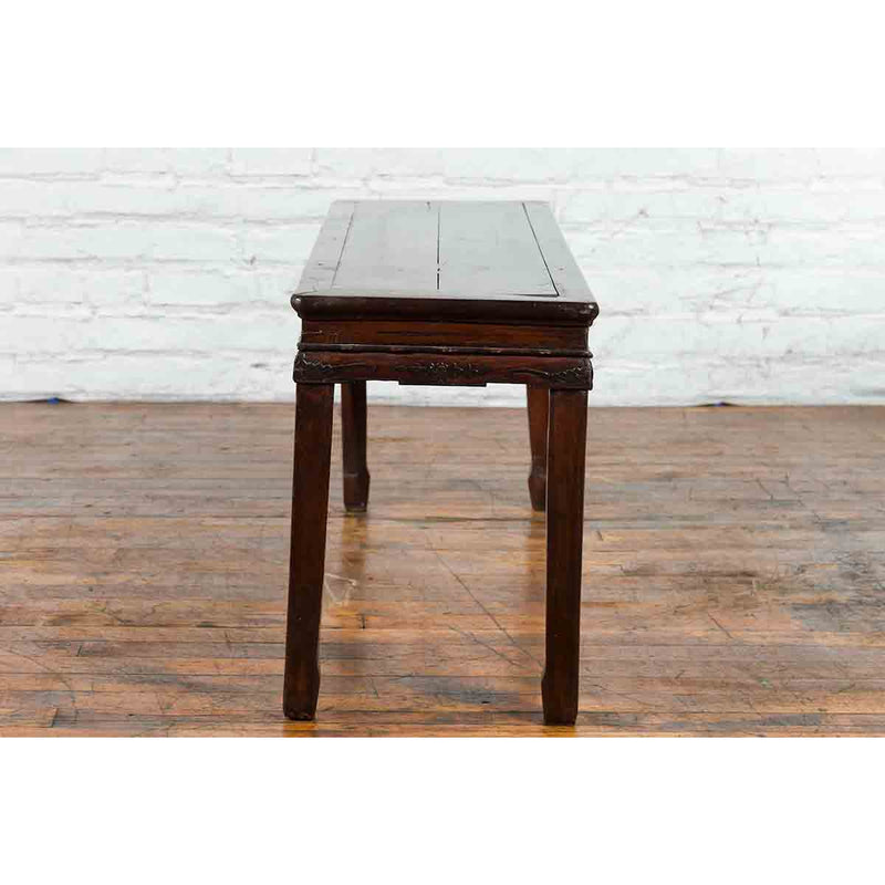 Chinese Brown Side Table from the Qing Dynasty with Foliage-Carved Motifs