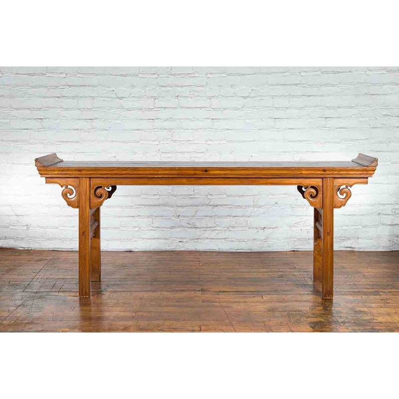 Chinese Qing Dynasty Wooden Altar Console Table with Cloudy Scroll Motifs