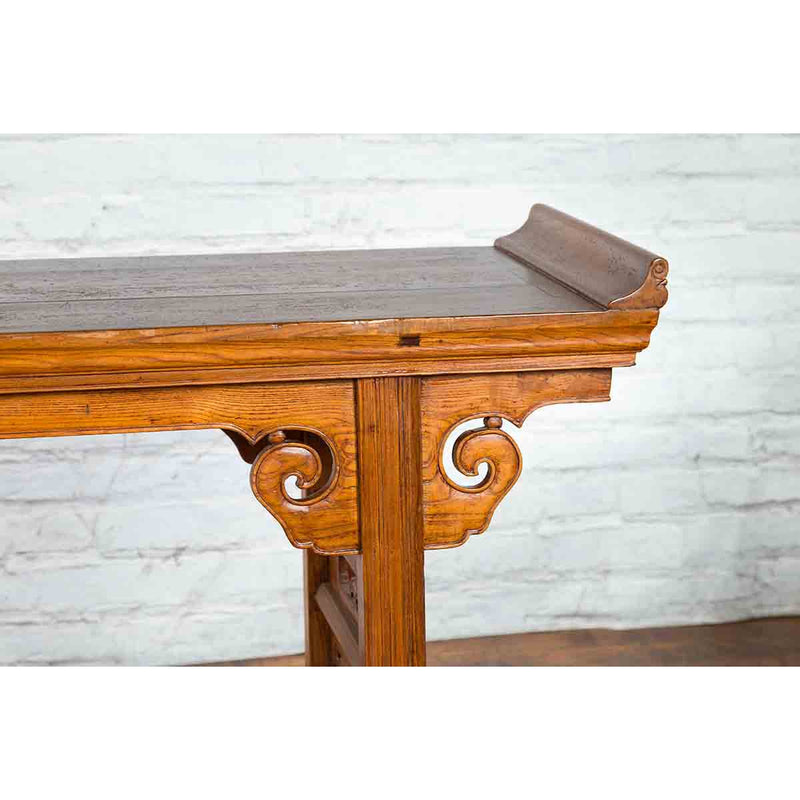 Chinese Qing Dynasty Wooden Altar Console Table with Cloudy Scroll Motifs