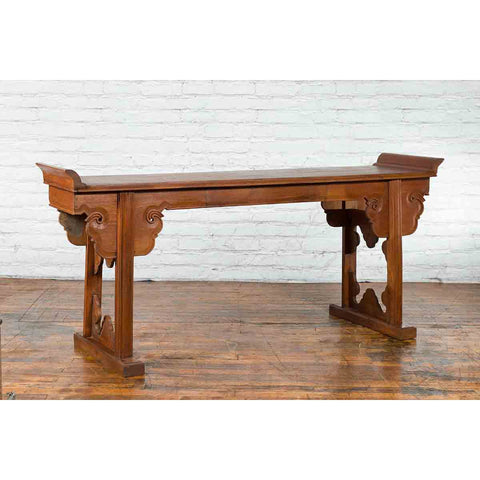 Qing Dynasty 19th Century Chinese Altar Console Table with Carved Cloudy Motifs