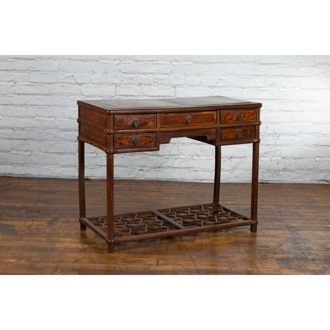 Qing Dynasty 19th Century Desk with Burlwood Top, Drawers and Cracked Ice Shelf - Antique Chinese and Vintage Asian Furniture for Sale at FEA Home