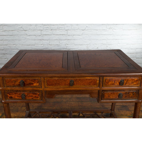 Qing Dynasty 19th Century Desk with Burlwood Top, Drawers and Cracked Ice Shelf - Antique Chinese and Vintage Asian Furniture for Sale at FEA Home