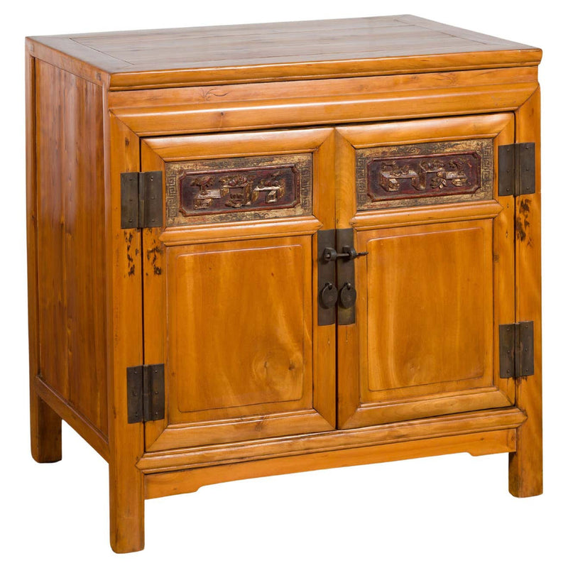 Chinese Antique Elmwood Side Cabinet with Carved Panels and Hidden Drawers - Antique Chinese and Vintage Asian Furniture for Sale at FEA Home