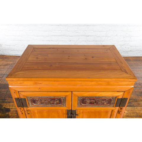 Chinese Antique Elmwood Side Cabinet with Carved Panels and Hidden Drawers - Antique Chinese and Vintage Asian Furniture for Sale at FEA Home