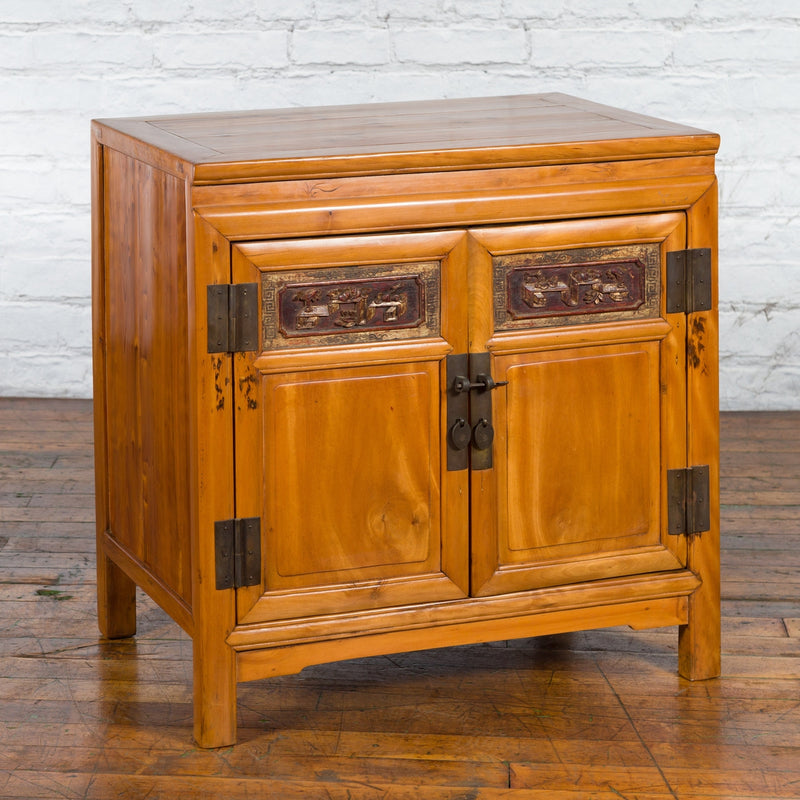 Chinese Antique Elmwood Side Cabinet with Carved Panels and Hidden Drawers - Antique Chinese and Vintage Asian Furniture for Sale at FEA Home