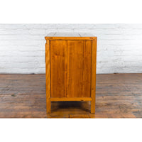 Chinese Antique Elmwood Side Cabinet with Carved Panels and Hidden Drawers