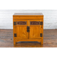 Chinese Antique Elmwood Side Cabinet with Carved Panels and Hidden Drawers