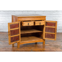 Chinese Antique Elmwood Side Cabinet with Carved Panels and Hidden Drawers