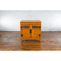 Chinese Antique Elmwood Side Cabinet with Carved Panels and Hidden Drawers
