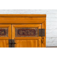 Chinese Antique Elmwood Side Cabinet with Carved Panels and Hidden Drawers
