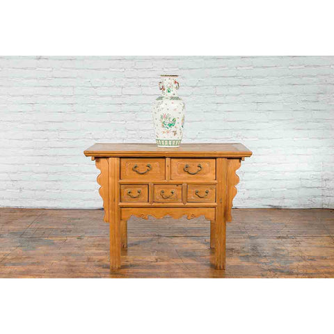 Chinese Qing 19th Century Side Table with Five Drawers and Carved Spandrels