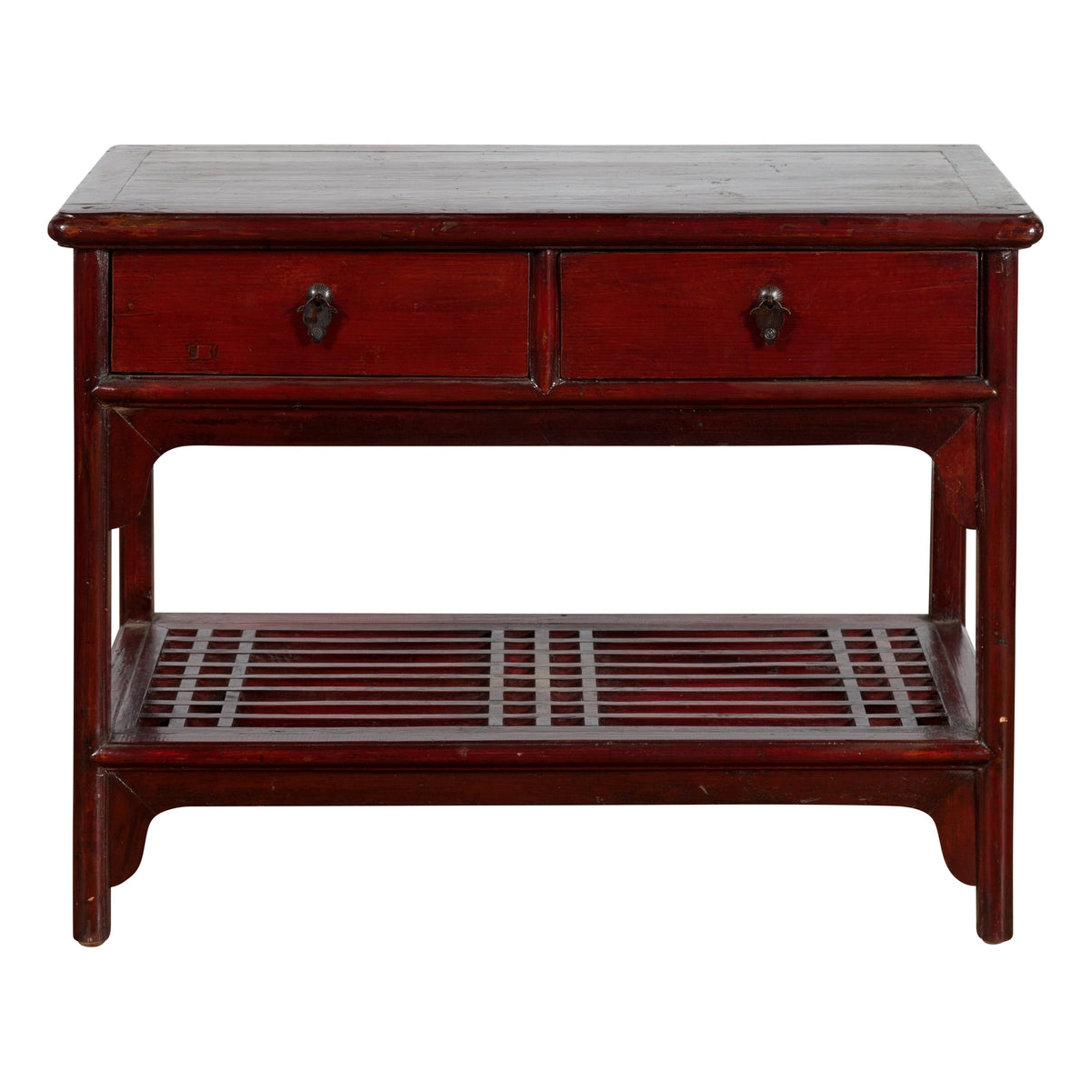 Chinese Vintage Oxblood Lacquer Side Table with Two Drawers and Fretwork Shelf-1. Asian & Chinese Furniture, Art, Antiques, Vintage Home Décor for sale at FEA Home
