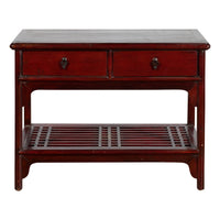 Chinese Vintage Oxblood Lacquer Side Table with Two Drawers and Fretwork Shelf