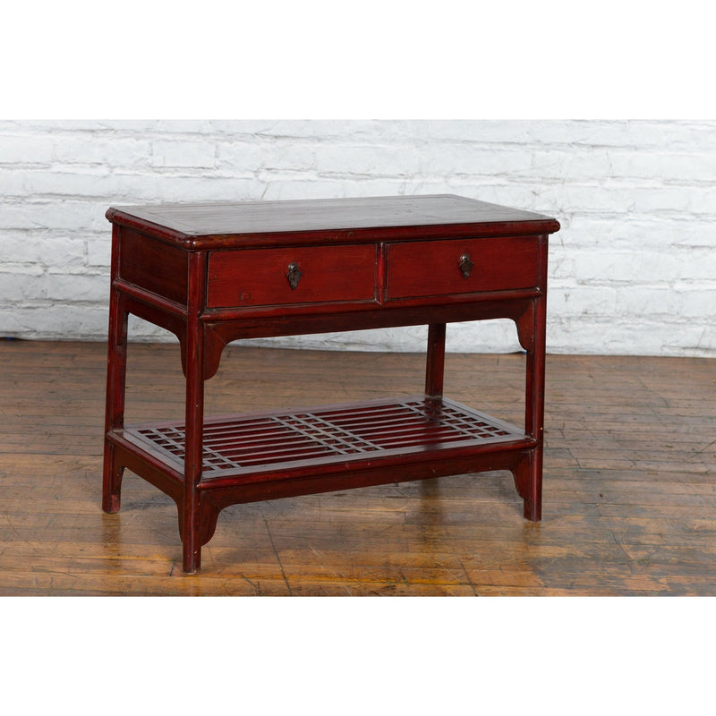 Chinese Vintage Oxblood Lacquer Side Table with Two Drawers and Fretwork Shelf - Antique Chinese and Vintage Asian Furniture for Sale at FEA Home