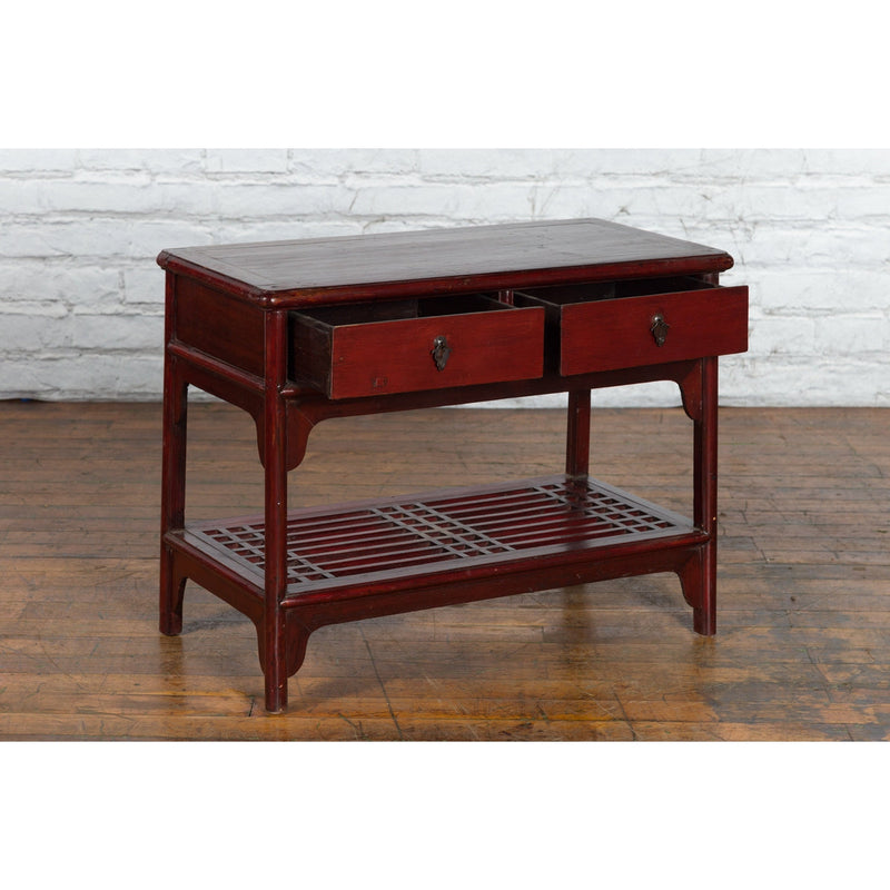 Chinese Vintage Oxblood Lacquer Side Table with Two Drawers and Fretwork Shelf - Antique Chinese and Vintage Asian Furniture for Sale at FEA Home