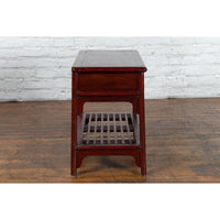 Chinese Vintage Oxblood Lacquer Side Table with Two Drawers and Fretwork Shelf