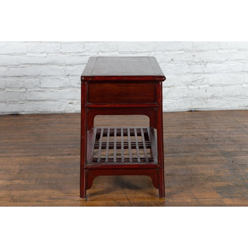 Chinese Vintage Oxblood Lacquer Side Table with Two Drawers and Fretwork Shelf - Antique Chinese and Vintage Asian Furniture for Sale at FEA Home