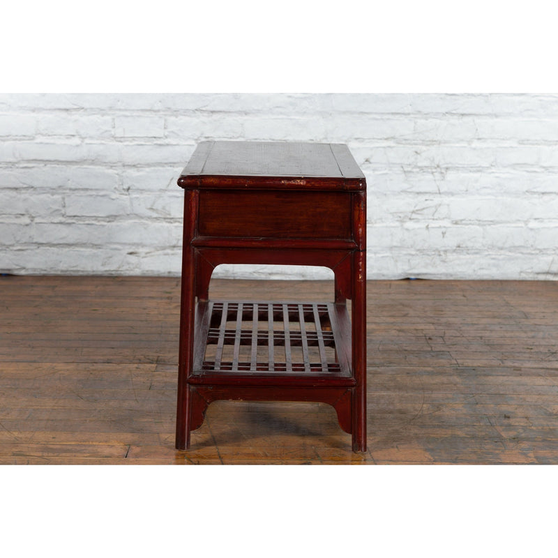 Chinese Vintage Oxblood Lacquer Side Table with Two Drawers and Fretwork Shelf - Antique Chinese and Vintage Asian Furniture for Sale at FEA Home