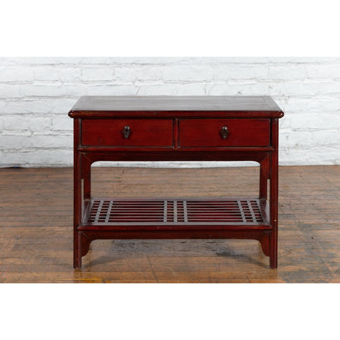 Chinese Vintage Oxblood Lacquer Side Table with Two Drawers and Fretwork Shelf - Antique Chinese and Vintage Asian Furniture for Sale at FEA Home