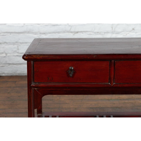 Chinese Vintage Oxblood Lacquer Side Table with Two Drawers and Fretwork Shelf - Antique Chinese and Vintage Asian Furniture for Sale at FEA Home