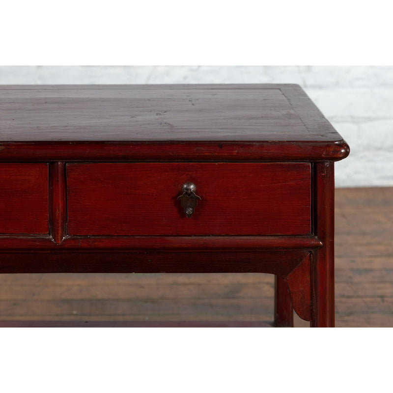 Chinese Vintage Oxblood Lacquer Side Table with Two Drawers and Fretwork Shelf - Antique Chinese and Vintage Asian Furniture for Sale at FEA Home