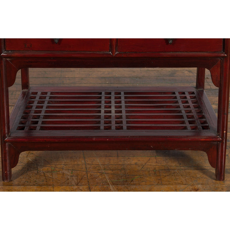Chinese Vintage Oxblood Lacquer Side Table with Two Drawers and Fretwork Shelf - Antique Chinese and Vintage Asian Furniture for Sale at FEA Home