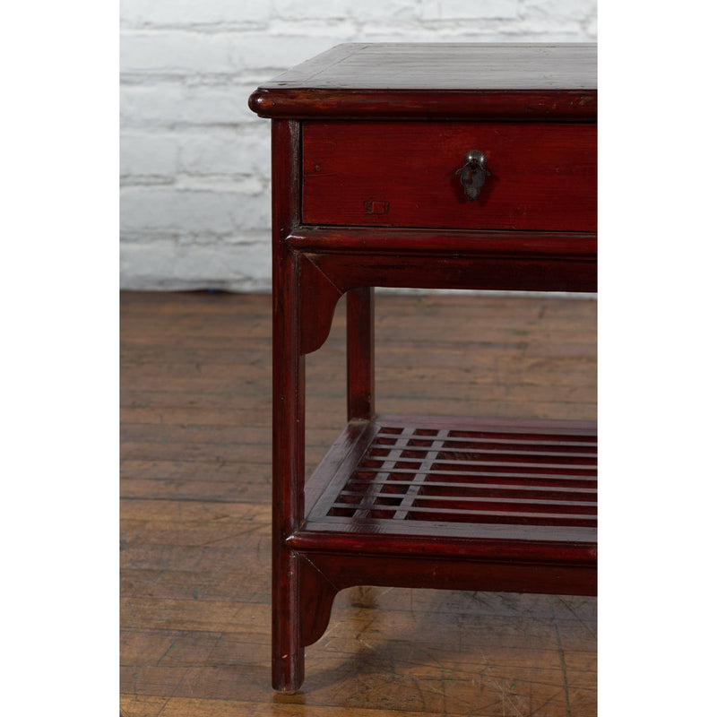 Chinese Vintage Oxblood Lacquer Side Table with Two Drawers and Fretwork Shelf - Antique Chinese and Vintage Asian Furniture for Sale at FEA Home