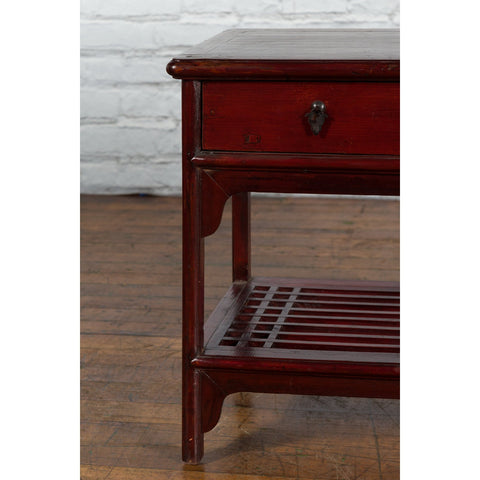 Chinese Vintage Oxblood Lacquer Side Table with Two Drawers and Fretwork Shelf - Antique Chinese and Vintage Asian Furniture for Sale at FEA Home