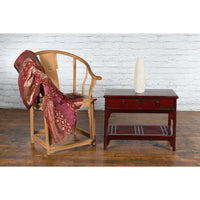 Chinese Vintage Oxblood Lacquer Side Table with Two Drawers and Fretwork Shelf
