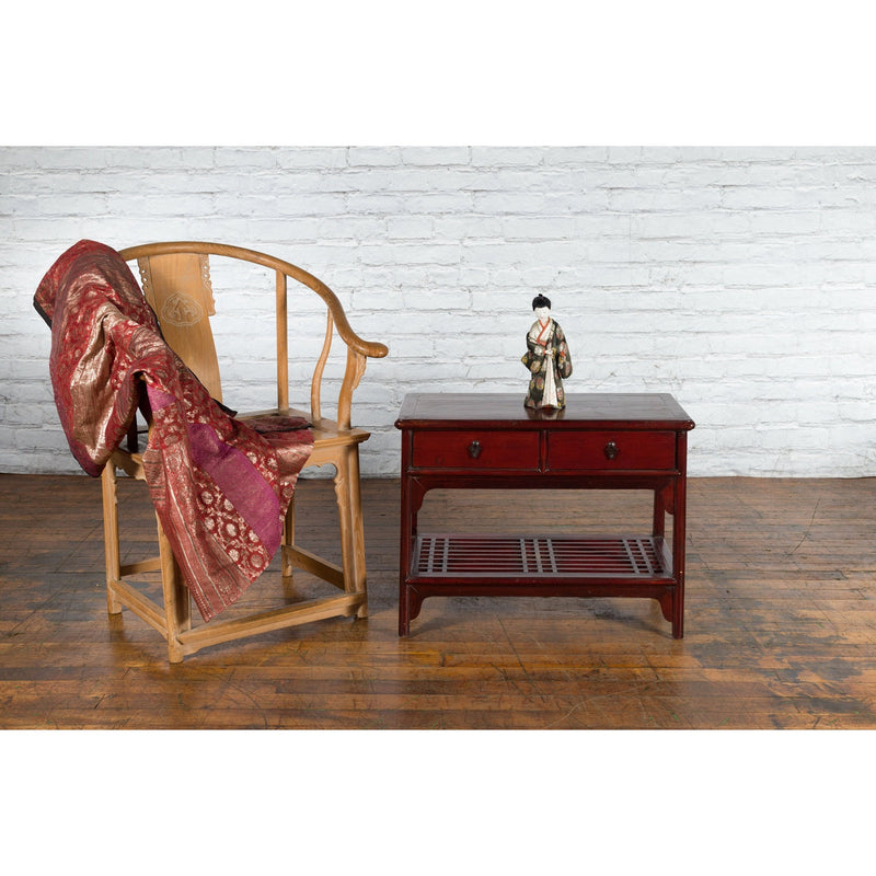 Chinese Vintage Oxblood Lacquer Side Table with Two Drawers and Fretwork Shelf - Antique Chinese and Vintage Asian Furniture for Sale at FEA Home