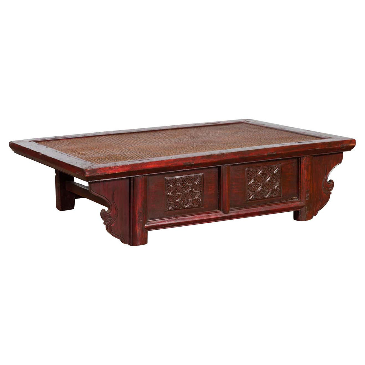 Chinese 19th Century Qing Dynasty Dark Red Lacquer Coffee Table with Rattan Top-1. Asian & Chinese Furniture, Art, Antiques, Vintage Home Décor for sale at FEA Home