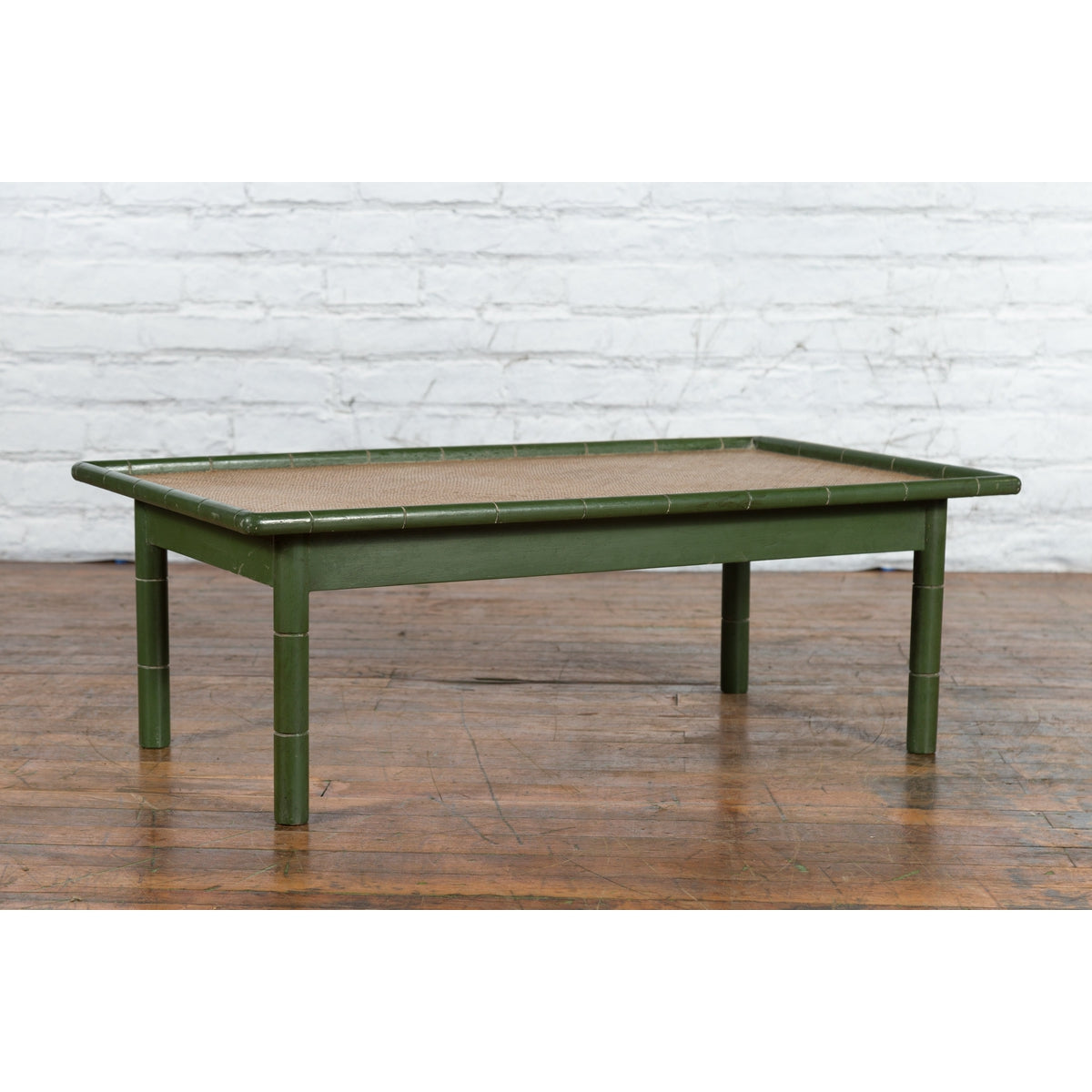 Vintage Thai Green Painted Faux Bamboo Coffee Table with Woven Rattan Top